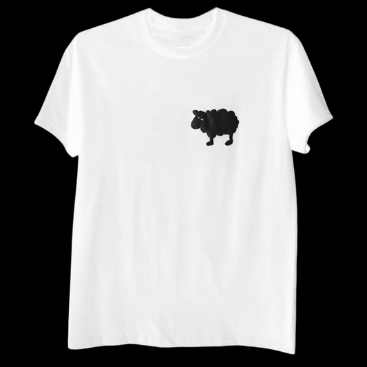 White unisex t-shirt featuring the black sheep graphic on the front.