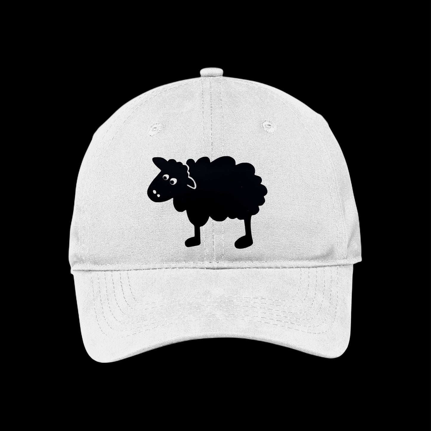 White unisex cap featuring Aquamala's Black sheep logo on the front.