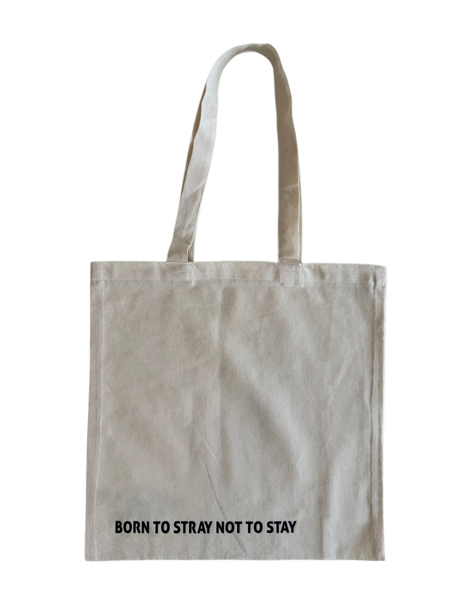 Canvas tote bag with 'Born to start not to stay' text