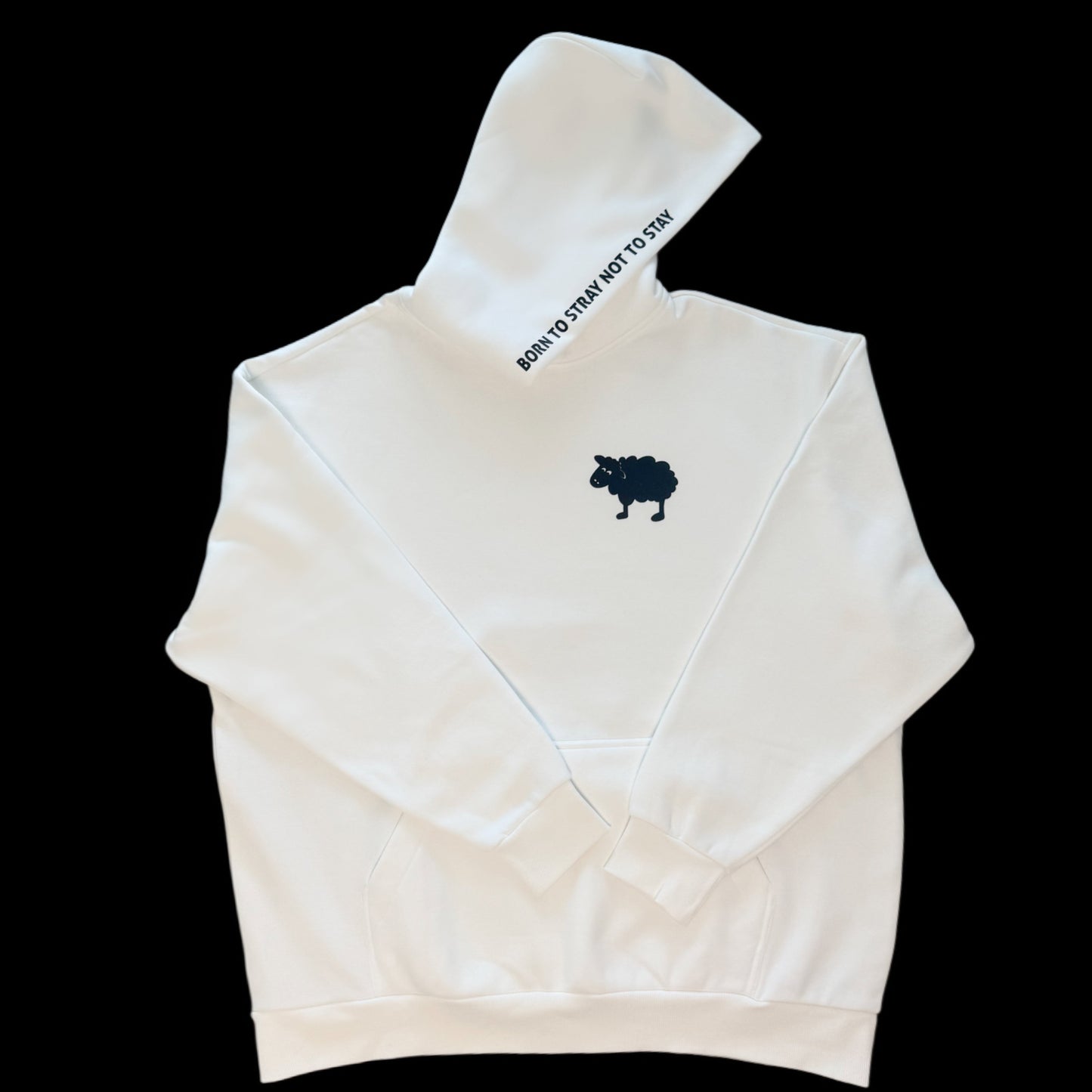 White hoodie with black sheep logo