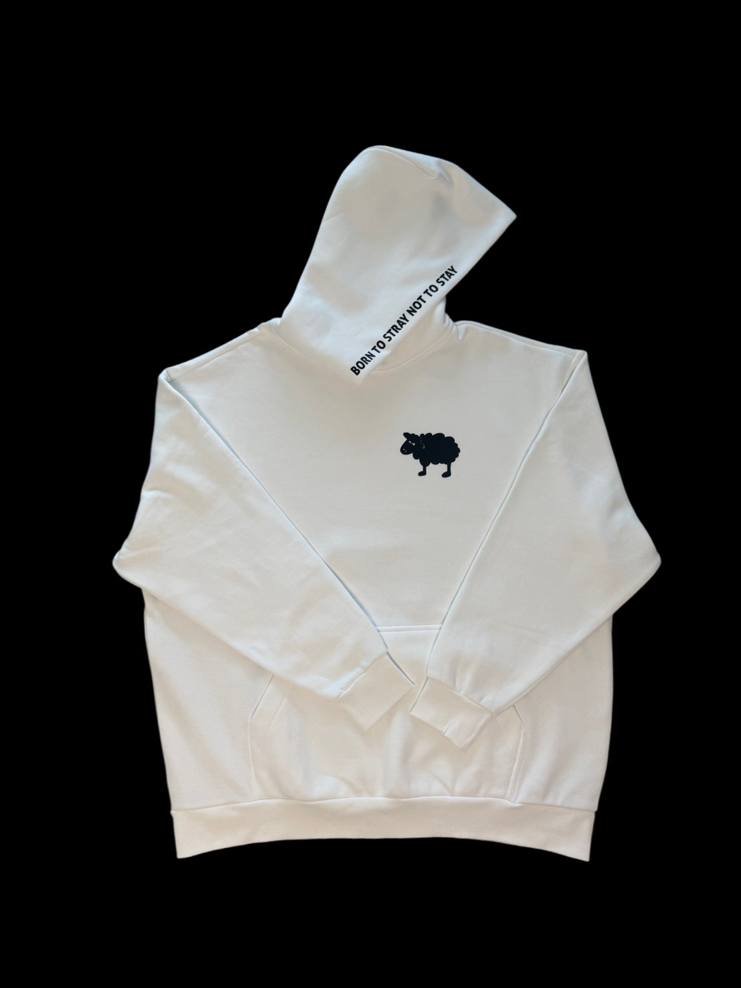 White hoodie with black sheep logo and Born to Stray Not to Stay design