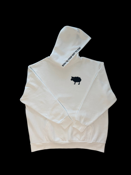 White hoodie with black sheep logo and Born to Stray Not to Stay design