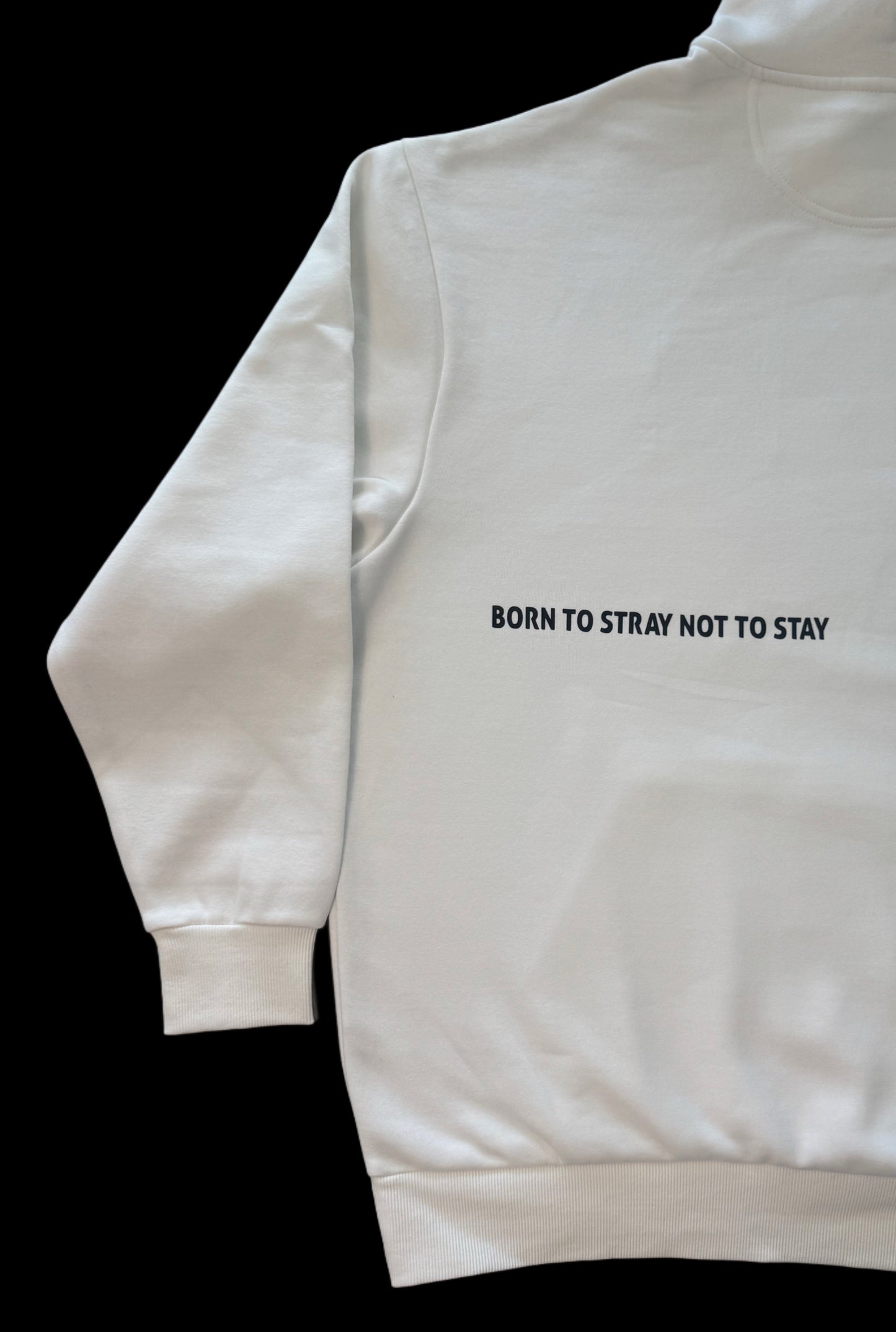 Back of hoodie with Born to Stray Not to Stay printed across the back