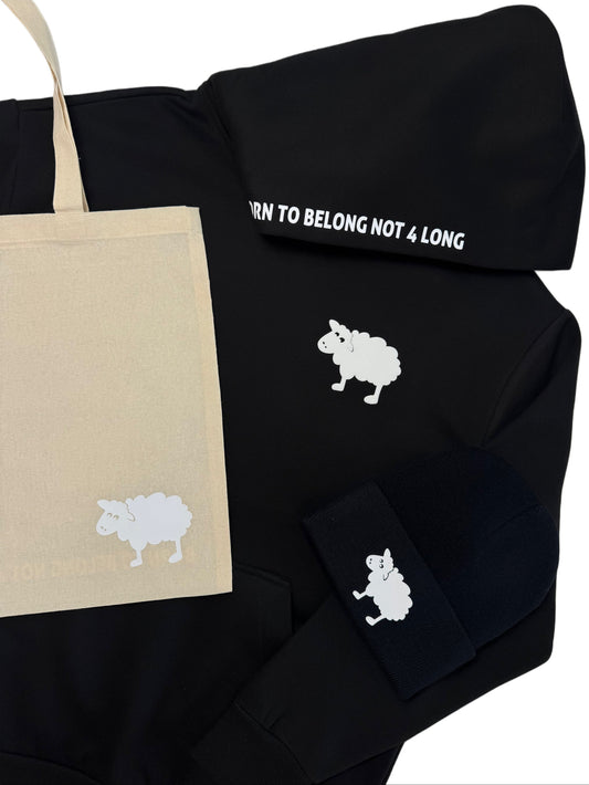 White Sheep bundle - hoodie, beanie, and free tote displayed together