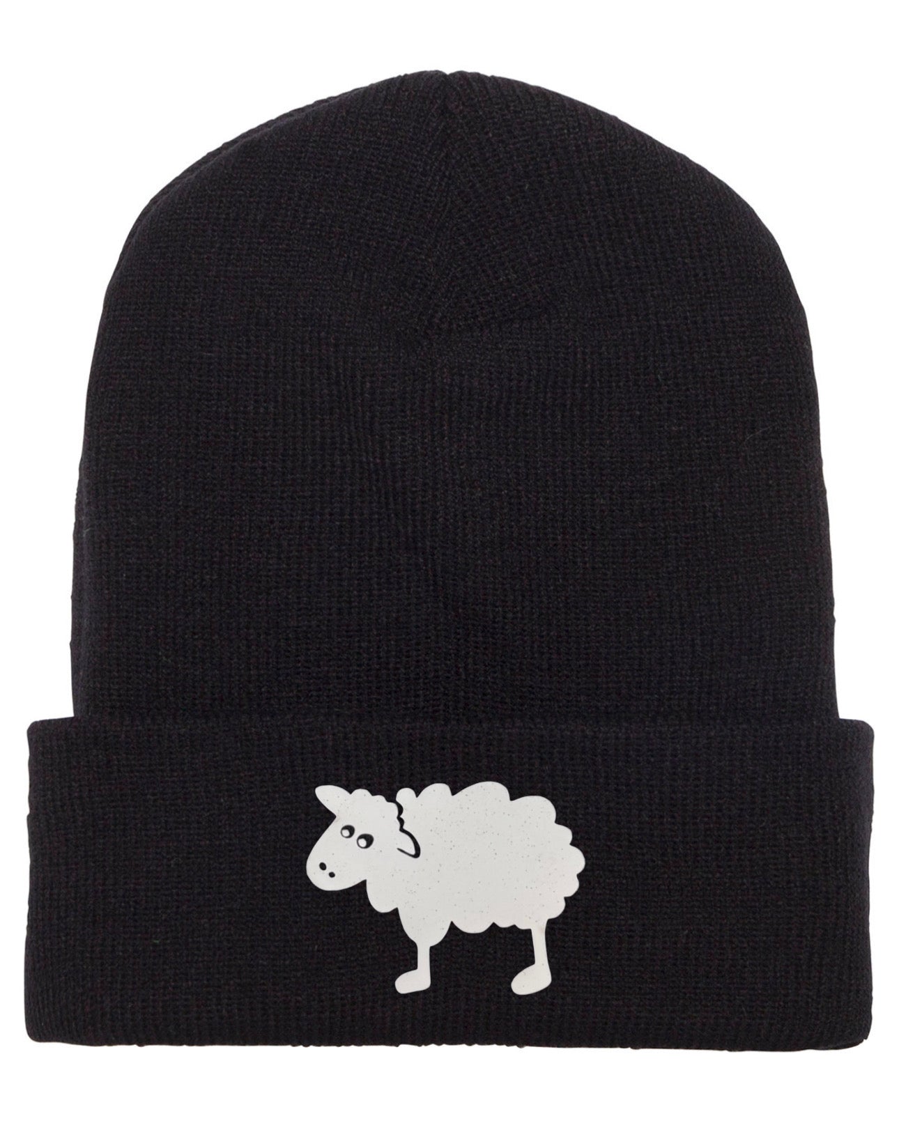 Black knit beanie with white sheep patch - White Sheep Beanie WSBS
